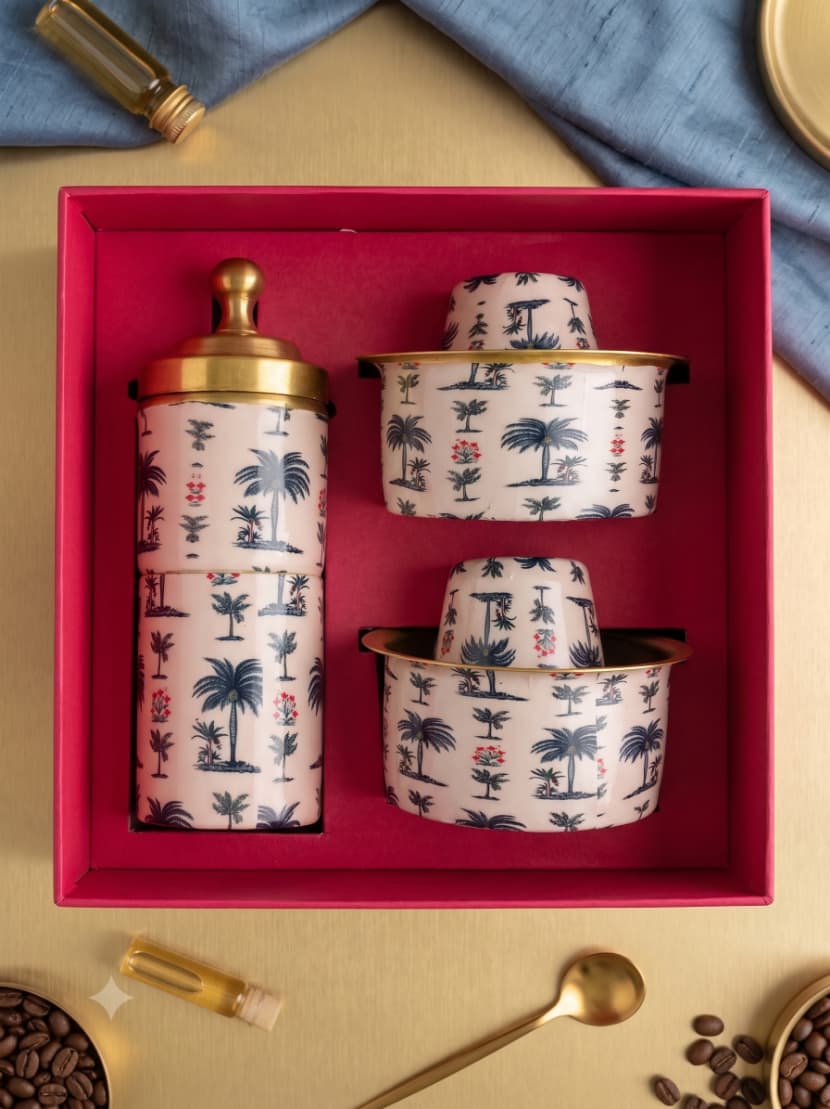 AKSORA Off White Palm Print Brass Coffee Dabara Gift Set