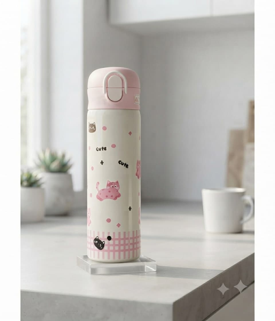 Cat Print Flip-Top Sipper Bottle with Straw